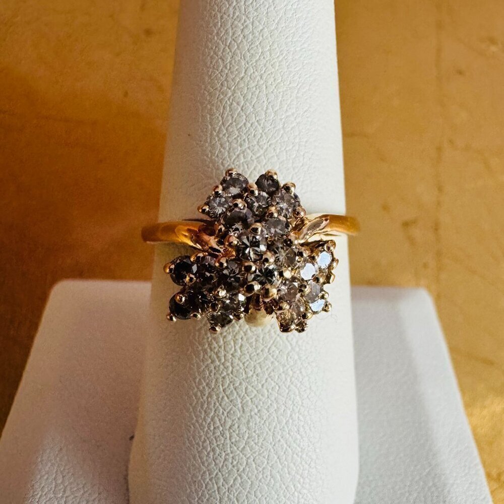 Vintage 14K Yellow Gold Floral Cluster Diamond Ring Statement Cocktail size 8